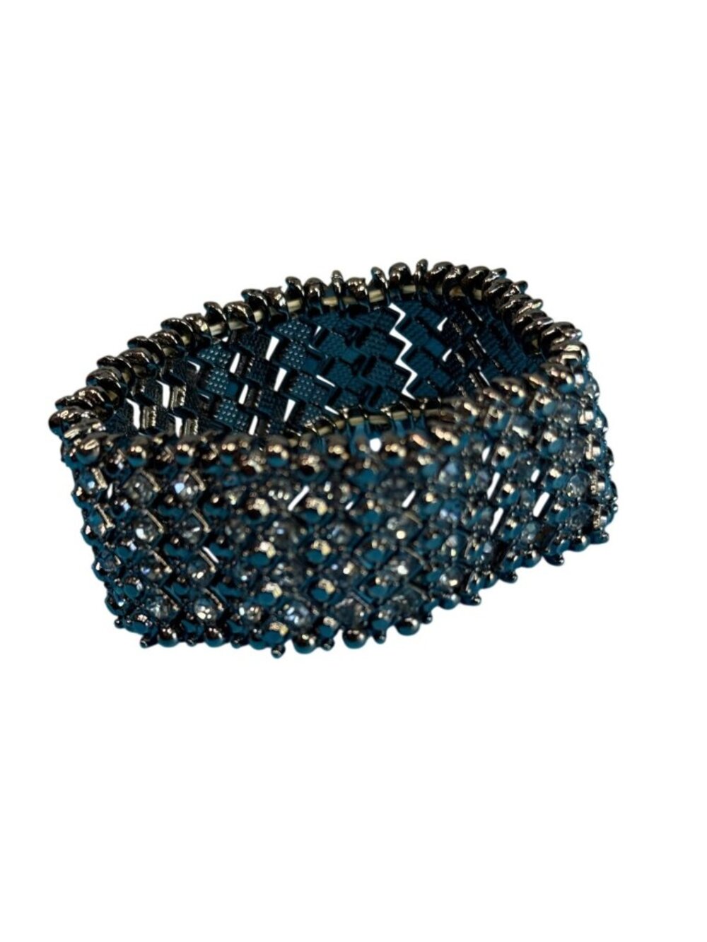 Wide Gunmetal Crystal Stretch Cuff Bracelet Black Chrome Rhinestone Mesh 7" - Picture 3 of 7